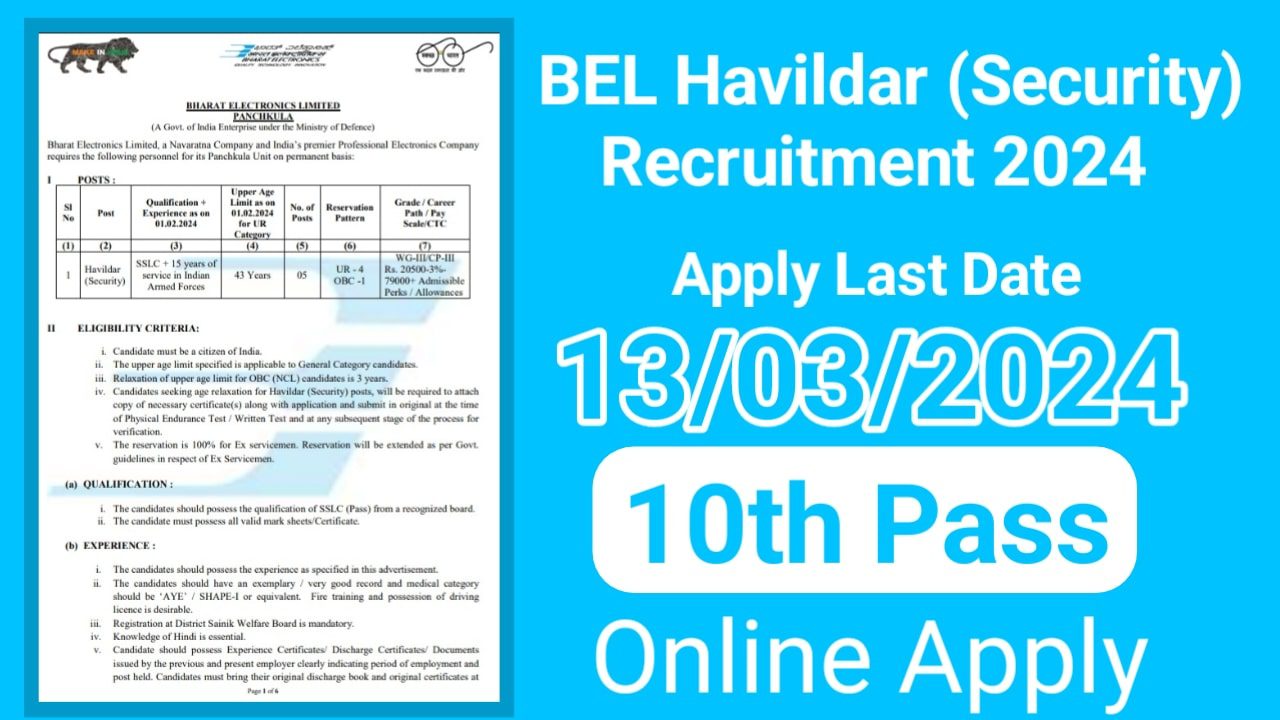 BEL Havildar (Security) Recruitment 2024